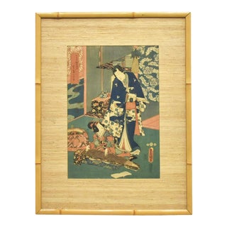 Early 19th Century Ukiyo-E Japanese Woodblock Print by Utagawa Kunisada in Bamboo Frame For Sale