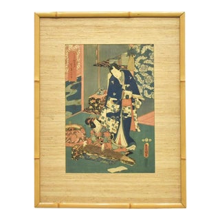 Early 19th Century Ukiyo-E Japanese Woodblock Print by Utagawa Kunisada in Bamboo Frame For Sale