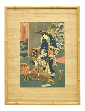 Early 19th Century Ukiyo-E Japanese Woodblock Print by Utagawa Kunisada in Bamboo Frame
