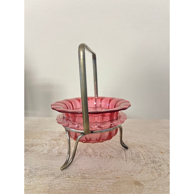 Antique Cranberry Art Glass Bowl With Silver Plated Basket For Sale In West Palm - Image 6 of 7