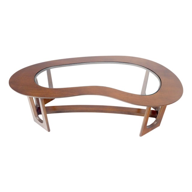 Oiled Walnut Boomerang Kidney Shape Glass Top Stretcher Base Coffee Table Mint! For Sale