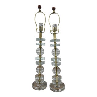 Swedish Style Stacked Crystal Glass and Brass Table Lamps - A Pair For Sale