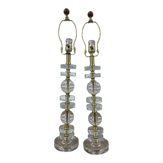 Swedish Style Stacked Crystal Glass and Brass Table Lamps - A Pair For Sale