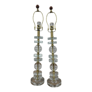 Swedish Style Stacked Crystal Glass and Brass Table Lamps - A Pair