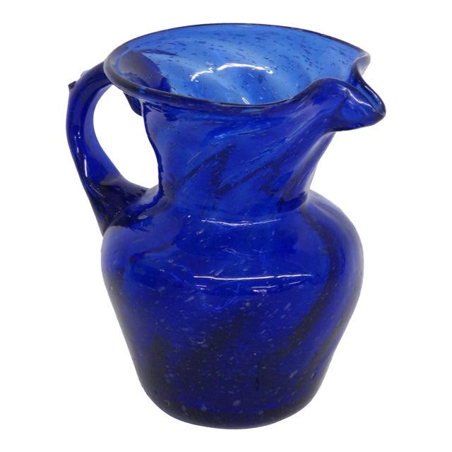Mid 20th Century Hand Blown Art Glass Mini Pitcher Small Creamer Cobalt Blue Swirl Pattern For Sale