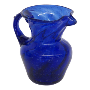 Mid 20th Century Hand Blown Art Glass Mini Pitcher Small Creamer Cobalt Blue Swirl Pattern