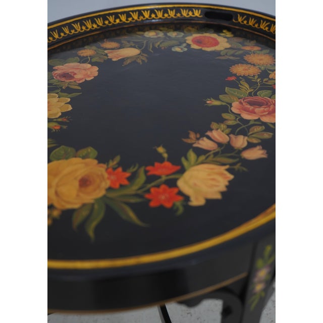 Vintage Black Lacquer Toleware Tray Top End Table For Sale In Philadelphia - Image 6 of 16