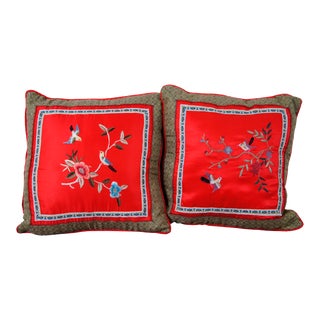 Vintage Chinese Dun Huang Red Silk Butterfly Embroidered Lumbar Throw Pillows- Set of 2 For Sale