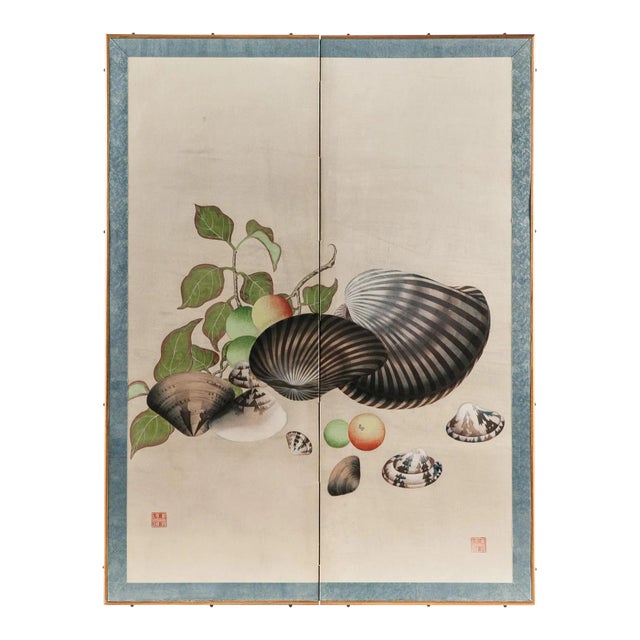 2000 - 2009 Sung Tze-Chin for Lawrence & Scott Chinoiserie "Clams & Fruit" Silk Hanging Two-Panel Screen For Sale - Image 5 of 5