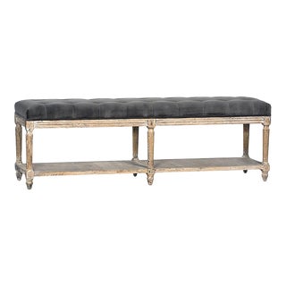 Grey Tufted Velvet & Oak Wood Shelf Bench For Sale