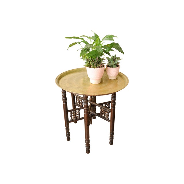 Middle Eastern Folding Tea Table with Removable Brass Circular Tray in the style of Liberty of London, 1890s, Set of 2 For Sale - Image 6 of 10