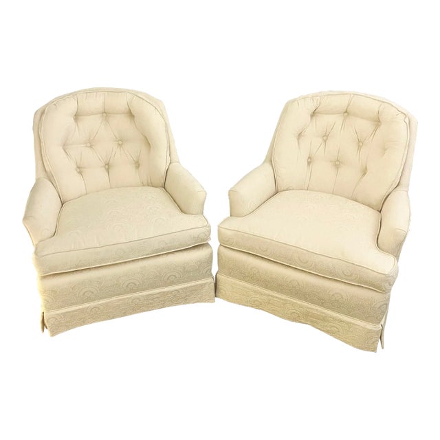 Mid 20th Century White on White Damask Swivel Rockers - Set of 2 For Sale