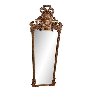 Vintage French Louis XVI Style Giltwood Trumeau Mirror With Ribbon Crown & Floral Basket For Sale