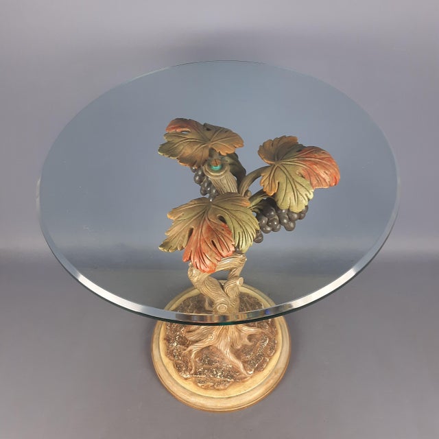 Glass Vintage Round Coffee Table with Crystal & Wood Trunk in Grape Vine shape, 1950s For Sale - Image 7 of 16