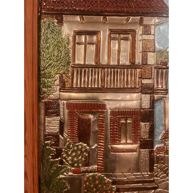 1960s Vintage Mediterranean Village Embossed Metal Relief Wall Art Wood Framed European Scene, Mid Century For Sale - Image 5 of 8