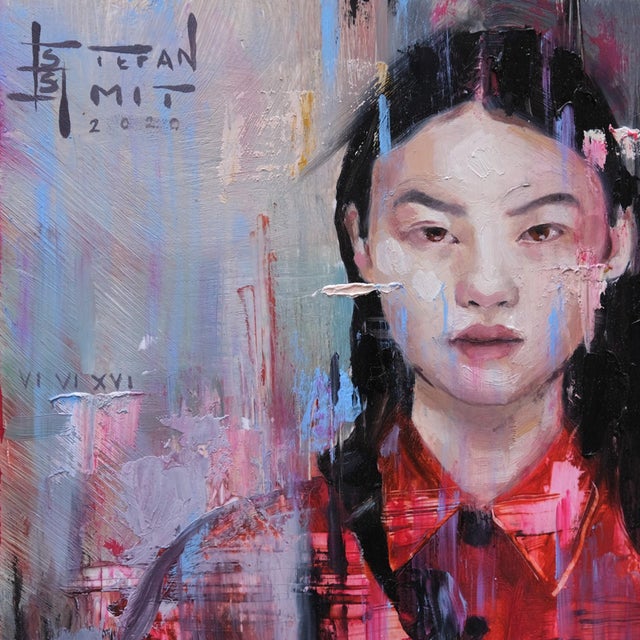 Contemporary Embers Embrace by Stefan Smit | Oil on Panel Portrait of a Woman in a Red Shirt For Sale - Image 3 of 5