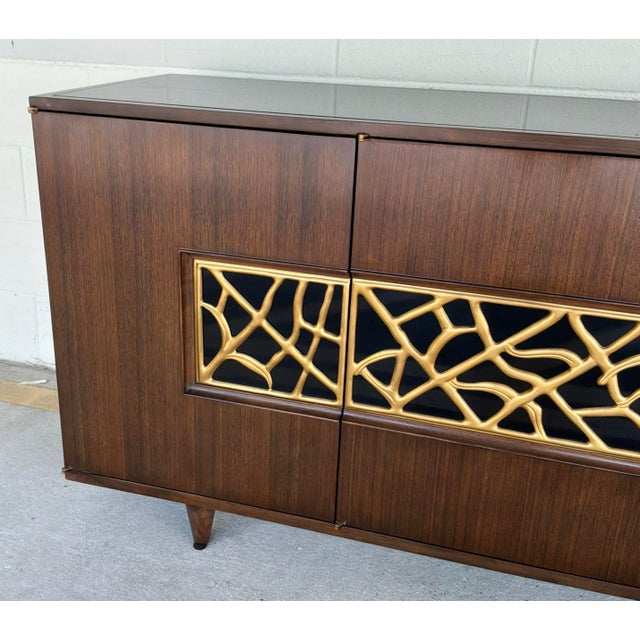 Original retail $6970, stylish mod Jonathan Charles Berkley Sideboard, American walnut finished case with a cast cast...