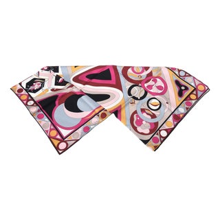 1970s Vintage Emilio Pucci Abstract Geometric Silk Scarf Hot Pink, Gray, Black, Burgundy, Gold For Sale