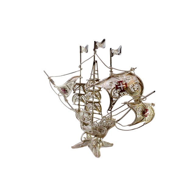 Silver Filigree Caravel with Enamelled Crosses For Sale - Image 9 of 9