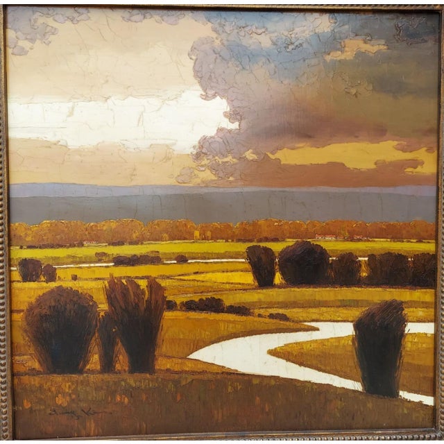 Original painting. Warm colors. A wide pebbled area of the frame borders the canvas with a more raised detailed edge. The...