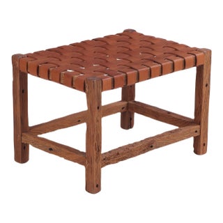 Rustic French Wood Bench With Woven Leather Seat, Circa 1930 For Sale