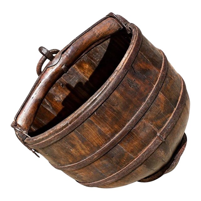 Giant Wooden Well Bucket With Iron Bands 19th Century Chinese Rustic 20lb Firewood Holder For Sale