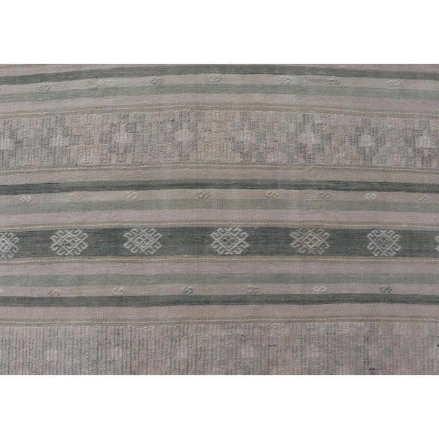 Flat-Weave Hand Woven Kilim With Embroideries in Taupe, Tan, Blue and Gray For Sale - Image 4 of 11