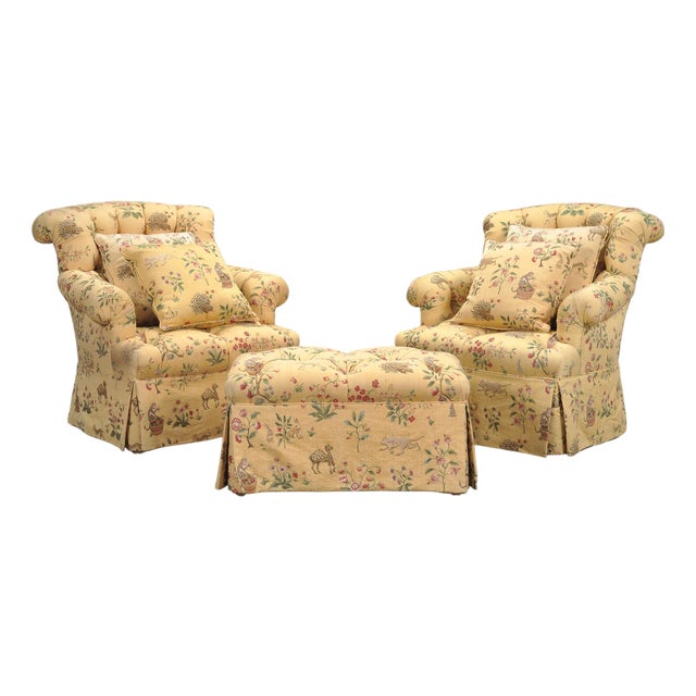 Pair of Tufted Lounge Chairs + Ottoman in Butter Print Fabric For Sale