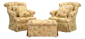 Pair of Tufted Lounge Chairs + Ottoman in Butter Print Fabric