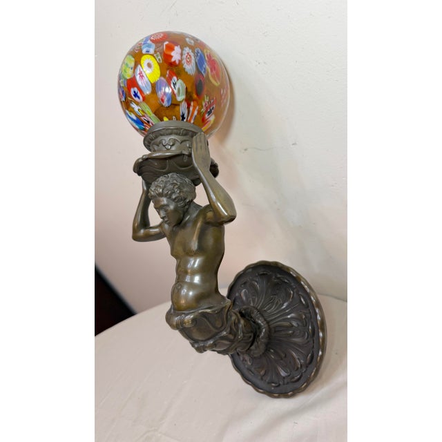 Antique Figural Patinated Bronze Man Wall Sconce Fixture Millefiori Glass Shade For Sale In New York - Image 6 of 17