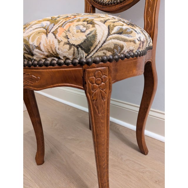 Vintage Carved Walnut Balloon Chair Early Louis XV Style Tapestry For Sale - Image 9 of 14