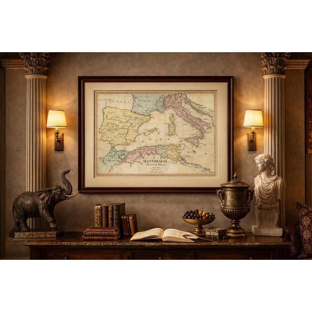 This finely engraved and delicately hand-colored map illustrates the legendary military campaign of Hannibal Barca,...