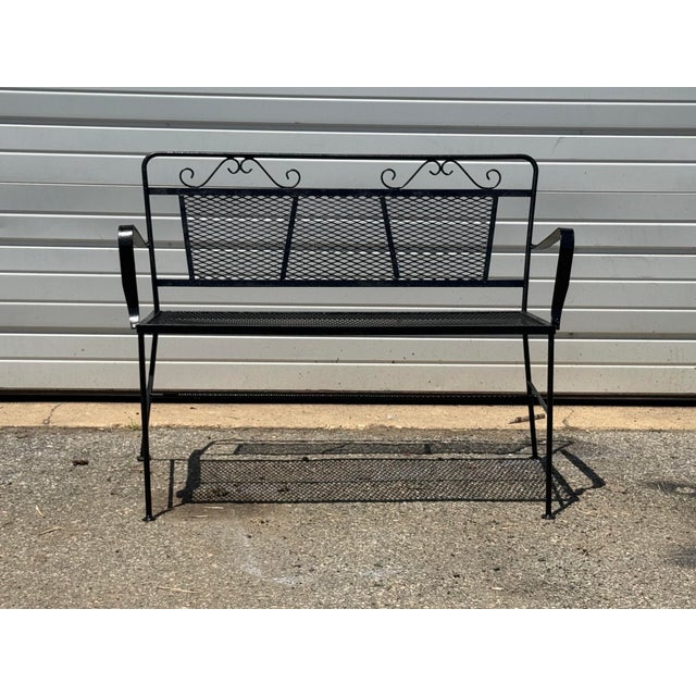 Black Vintage Woodard Style Wrought Iron Mesh Patio Bench For Sale - Image 8 of 12
