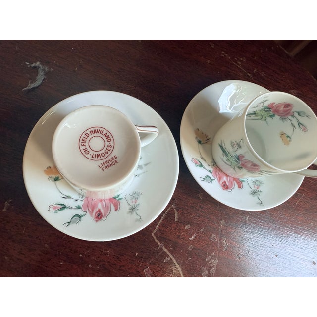 Pink Mid 20th Century, Victorian Revival, French Limoges Floral Demitasse Cup and Saucer Set - 4 pcs For Sale - Image 8 of 8