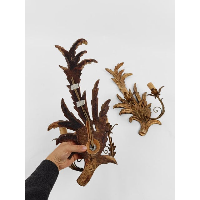 Italian Florentine Baroque Style Giltwood Leaf Wall Lights Sconces, 1960s, Set of 2 For Sale - Image 15 of 18