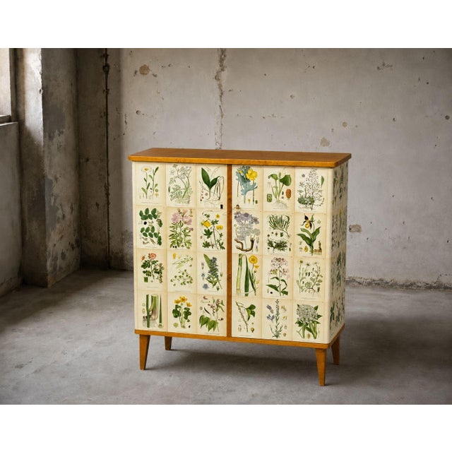 Swedish Mid-Century Modern, Nordens Flora Cabinet, Birch, Floral Lithographs, Sweden, 1940s A wonderful Scandinavian...