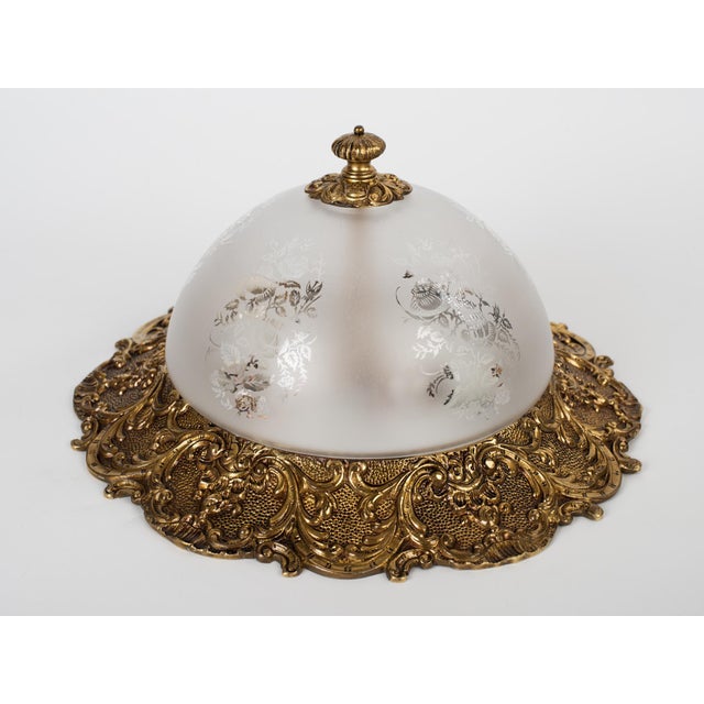 Metal 1950s Spanish Rococo Heavy Sand-Cast Bronze Flush Mount Ceiling Light With Etched Frosted Glass Dome For Sale - Image 7 of 12