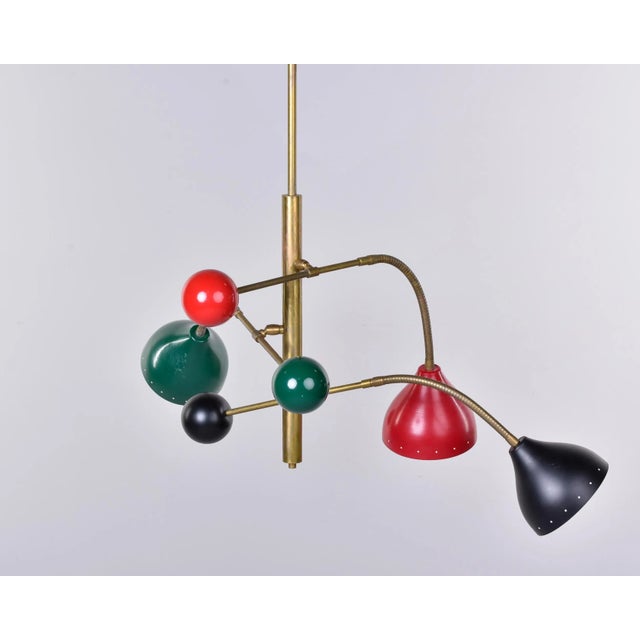 Mid-Century Modern Adjustable Three Light Brass and Multi Colored Fixture Attributed to Stilnovo For Sale - Image 3 of 13