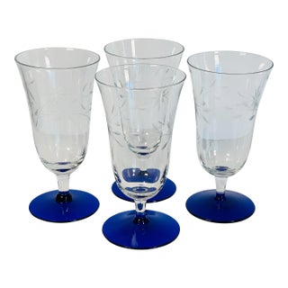 Vintage 1960s Cobalt Footed & Floral Etched Clear Water Stems, Set of 4 For Sale