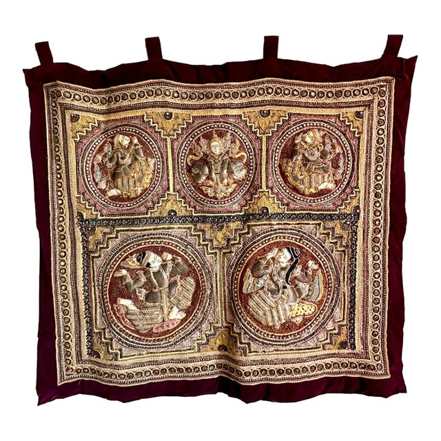 Vintage Burmese Kalaga Embroidered Tapestry With Five Figural Medallions, 40" X 37" For Sale