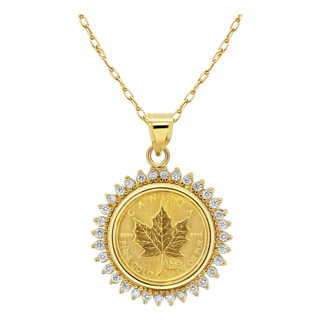 1/4OZ Fine Gold Canadian Maple Leaf Diamond Coin Necklace 16" For Sale