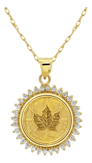 1/4OZ Fine Gold Canadian Maple Leaf Diamond Coin Necklace 16"