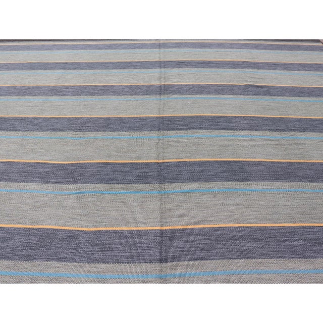 Textile Large Square Scandinavian Flat Weave Rug in Gray, Blue, and Soft Yellow For Sale - Image 7 of 12
