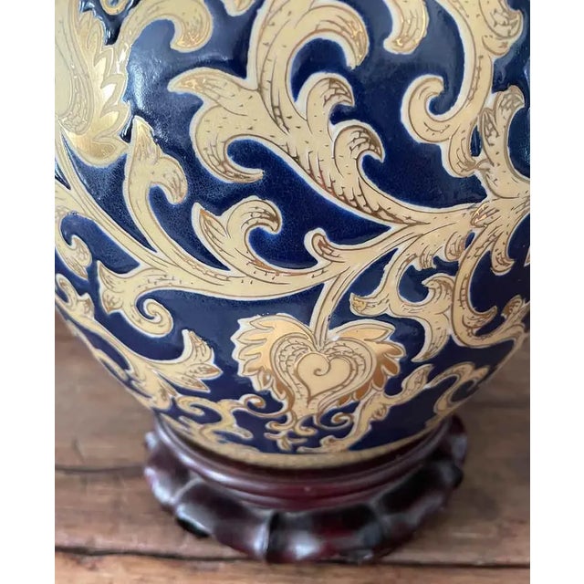 Vintage Ceramic Lamp With Deep Blue and Gold Design For Sale - Image 4 of 7