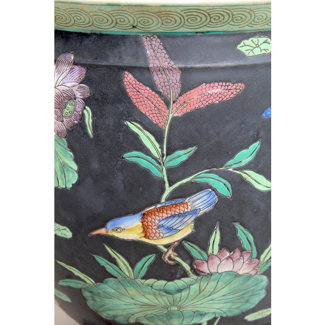 Large Antique Chinese Famille Noire Porcelain Fishbowl Jardinière With Wood Stand, C. 1920–1950 For Sale - Image 12 of 17