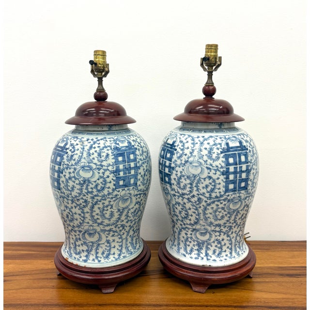 Mid 20th Century Mid 20th Century Blue & White Ginger Jar Lamps - a Pair For Sale - Image 5 of 6