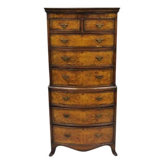 19th C English George II Burl Walnut Chest on Chest Dresser Chest of 8 Drawers For Sale
