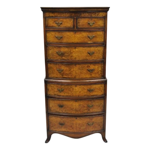 19th C English George II Burl Walnut Chest on Chest Dresser Chest of 8 Drawers For Sale