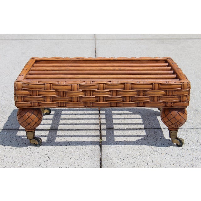 Vintage Rattan Coffee Table / Ottoman Base – Boho Coastal Charm on Casters For Sale - Image 4 of 12