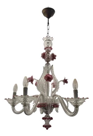 Venetian Murano Glass Clear Pink Chandelier, 1960s